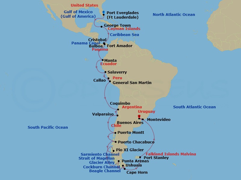 31 Night - Panama Canal, Inca & South America : Chilean Fjords - Oosterdam - Starting in Fort Lauderdale, Florida, Georgetown, Cayman Islands, Enter Panama Canal Cristobal, Cruising Panama Canal, Exit Panama Canal Balboa, Fuerte Amador, Panama, Crossing the Equator, Manta, Ecuador, Salaverry (Trujillo), Peru, Callao (Lima), Peru, General San Martin (Pisco), Peru, Coquimbo (La Serena), Chile, Valparaiso (Santiago), Chile, Puerto Montt, Chile, Puerto Chacabuco, Chile, Cruising Chilean Fjords, Pio XI Glacier (Bruggen Glacier), Chile, Scenic cruising Sarmiento Channel, Strait of Magellan, Punta Arenas, Chile, Cockburn Channel, Beagle Channel, Daylight cruising Glacier Alley, Ushuaia, Argentina, Scenic Cruising Cape Horn, Port Stanley, Falkland Islands, Montevideo, Uruguay, Buenos Aires, Argentina itinerary map