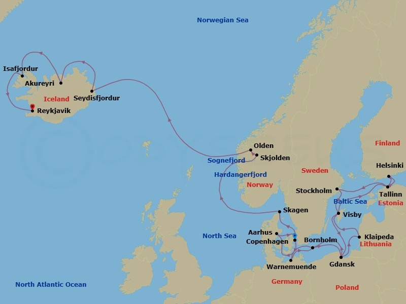 24 Night - Scandinavia & Viking Fjords Explorer - Regal Princess - Starting in Copenhagen, Denmark, Warnemunde (for Berlin), Germany, Bornholm, Denmark, Gdansk (Gdynia), Poland, Klaipeda, Lithuania, Visby, Sweden, Tallinn, Estonia, Helsinki, Finland, Tallinn, Estonia, Stockholm, Sweden, Visby, Sweden, Gdansk (Gdynia), Poland, Bornholm, Denmark, Aarhus, Denmark, Copenhagen, Denmark, Skagen, Denmark, Hardangerfjord (Scenic Cruising), Norway, Skjolden / Sognefjord, Norway, Sognefjord (Scenic Cruising), Olden, Norway, Nordfjord (Scenic Cruising), Norway, Seydisfjordur, Iceland, Akureyri, Iceland, Isafjordur, Iceland, Reykjavik, Iceland itinerary map
