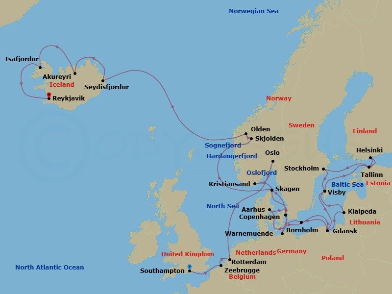 31 Night - Scandinavia & Viking Fjords Explorer - Regal Princess - Starting in Southampton (for London), England, Zeebrugge (for Brussels / Bruges), Belgium, Rotterdam, the Netherlands, Oslo, Norway, Oslofjord (Scenic Cruising), Kristiansand, Norway, Skagen, Denmark, Copenhagen, Denmark, Warnemunde (for Berlin), Germany, Bornholm, Denmark, Gdansk (Gdynia), Poland, Klaipeda, Lithuania, Visby, Sweden, Tallinn, Estonia, Helsinki, Finland, Tallinn, Estonia, Stockholm, Sweden, Visby, Sweden, Gdansk (Gdynia), Poland, Bornholm, Denmark, Aarhus, Denmark, Copenhagen, Denmark, Skagen, Denmark, Hardangerfjord (Scenic Cruising), Norway, Skjolden / Sognefjord, Norway, Sognefjord (Scenic Cruising), Olden, Norway, Nordfjord (Scenic Cruising), Norway, Seydisfjordur, Iceland, Akureyri, Iceland, Isafjordur, Iceland, Reykjavik, Iceland itinerary map