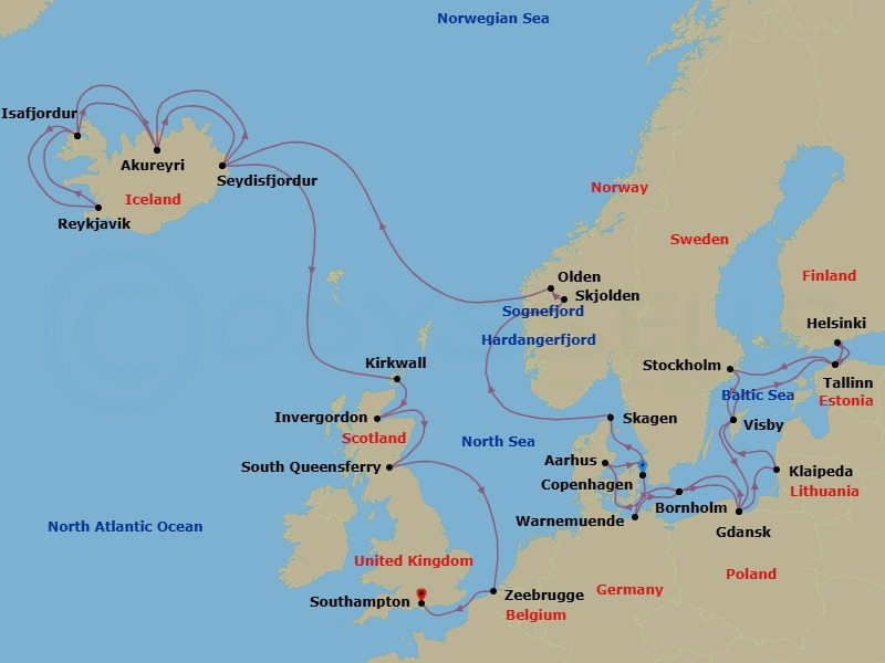 34 Night - Scandinavia & Viking Fjords Explorer - Regal Princess - Starting in Copenhagen, Denmark, Warnemunde (for Berlin), Germany, Bornholm, Denmark, Gdansk (Gdynia), Poland, Klaipeda, Lithuania, Visby, Sweden, Tallinn, Estonia, Helsinki, Finland, Tallinn, Estonia, Stockholm, Sweden, Visby, Sweden, Gdansk (Gdynia), Poland, Bornholm, Denmark, Aarhus, Denmark, Copenhagen, Denmark, Skagen, Denmark, Hardangerfjord (Scenic Cruising), Norway, Skjolden / Sognefjord, Norway, Sognefjord (Scenic Cruising), Olden, Norway, Nordfjord (Scenic Cruising), Norway, Seydisfjordur, Iceland, Akureyri, Iceland, Isafjordur, Iceland, Reykjavik, Iceland, Isafjordur, Iceland, Akureyri, Iceland, Seydisfjordur, Iceland, Orkney Islands (Kirkwall), Scotland, Invergordon, Scotland, Edinburgh (South Queensferry), Scotland, Zeebrugge (for Brussels / Bruges), Belgium, Southampton (for London), England itinerary map
