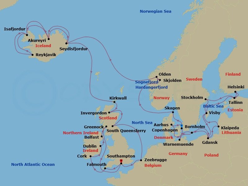 42 Night - Northern Europe Explorer - Regal Princess - Starting in Copenhagen, Denmark, Warnemunde (for Berlin), Germany, Bornholm, Denmark, Gdansk (Gdynia), Poland, Klaipeda, Lithuania, Visby, Sweden, Tallinn, Estonia, Helsinki, Finland, Tallinn, Estonia, Stockholm, Sweden, Visby, Sweden, Gdansk (Gdynia), Poland, Bornholm, Denmark, Aarhus, Denmark, Copenhagen, Denmark, Skagen, Denmark, Hardangerfjord (Scenic Cruising), Norway, Skjolden / Sognefjord, Norway, Sognefjord (Scenic Cruising), Olden, Norway, Nordfjord (Scenic Cruising), Norway, Seydisfjordur, Iceland, Akureyri, Iceland, Isafjordur, Iceland, Reykjavik, Iceland, Isafjordur, Iceland, Akureyri, Iceland, Seydisfjordur, Iceland, Orkney Islands (Kirkwall), Scotland, Invergordon, Scotland, Edinburgh (South Queensferry), Scotland, Zeebrugge (for Brussels / Bruges), Belgium, Southampton (for London), England, Cornwall (Falmouth), England, Cork, Ireland (Cobh / for Blarney Castle), Dublin (Dun Laoghaire), Ireland, Belfast, Northern Ireland, Glasgow (Greenock), Scotland, Southampton (for London), England itinerary map