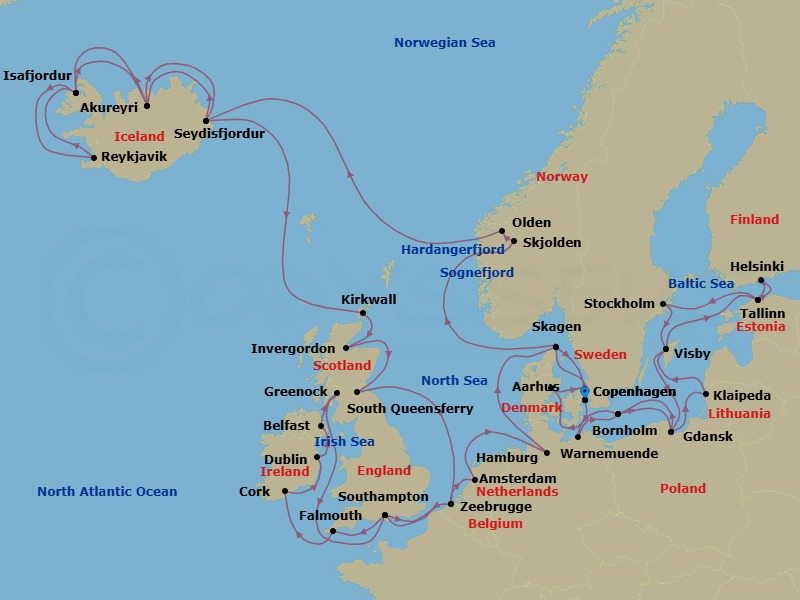 49 Night - Northern Europe Explorer - Regal Princess - Starting in Copenhagen, Denmark, Warnemunde (for Berlin), Germany, Bornholm, Denmark, Gdansk (Gdynia), Poland, Klaipeda, Lithuania, Visby, Sweden, Tallinn, Estonia, Helsinki, Finland, Tallinn, Estonia, Stockholm, Sweden, Visby, Sweden, Gdansk (Gdynia), Poland, Bornholm, Denmark, Aarhus, Denmark, Copenhagen, Denmark, Skagen, Denmark, Hardangerfjord (Scenic Cruising), Norway, Skjolden / Sognefjord, Norway, Sognefjord (Scenic Cruising), Olden, Norway, Nordfjord (Scenic Cruising), Norway, Seydisfjordur, Iceland, Akureyri, Iceland, Isafjordur, Iceland, Reykjavik, Iceland, Isafjordur, Iceland, Akureyri, Iceland, Seydisfjordur, Iceland, Orkney Islands (Kirkwall), Scotland, Invergordon, Scotland, Edinburgh (South Queensferry), Scotland, Zeebrugge (for Brussels / Bruges), Belgium, Southampton (for London), England, Cornwall (Falmouth), England, Cork, Ireland (Cobh / for Blarney Castle), Dublin (Dun Laoghaire), Ireland, Belfast, Northern Ireland, Glasgow (Greenock), Scotland, Southampton (for London), England, Zeebrugge (for Brussels / Bruges), Belgium, Amsterdam, Netherlands, Hamburg, Germany (for Berlin), Skagen, Denmark, Copenhagen, Denmark itinerary map