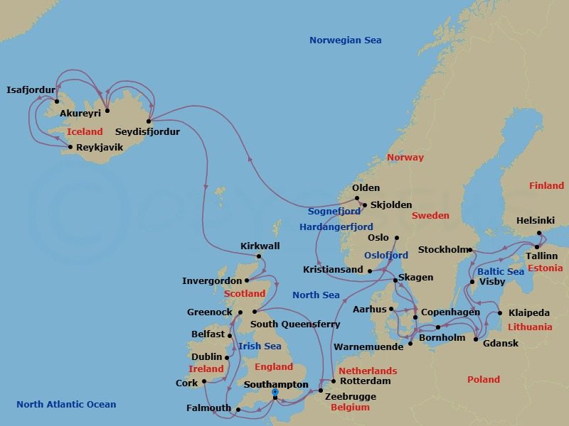 49 Night - Northern Europe Explorer - Regal Princess - Starting in Southampton (for London), England, Zeebrugge (for Brussels / Bruges), Belgium, Rotterdam, the Netherlands, Oslo, Norway, Oslofjord (Scenic Cruising), Kristiansand, Norway, Skagen, Denmark, Copenhagen, Denmark, Warnemunde (for Berlin), Germany, Bornholm, Denmark, Gdansk (Gdynia), Poland, Klaipeda, Lithuania, Visby, Sweden, Tallinn, Estonia, Helsinki, Finland, Tallinn, Estonia, Stockholm, Sweden, Visby, Sweden, Gdansk (Gdynia), Poland, Bornholm, Denmark, Aarhus, Denmark, Copenhagen, Denmark, Skagen, Denmark, Hardangerfjord (Scenic Cruising), Norway, Skjolden / Sognefjord, Norway, Sognefjord (Scenic Cruising), Olden, Norway, Nordfjord (Scenic Cruising), Norway, Seydisfjordur, Iceland, Akureyri, Iceland, Isafjordur, Iceland, Reykjavik, Iceland, Isafjordur, Iceland, Akureyri, Iceland, Seydisfjordur, Iceland, Orkney Islands (Kirkwall), Scotland, Invergordon, Scotland, Edinburgh (South Queensferry), Scotland, Zeebrugge (for Brussels / Bruges), Belgium, Southampton (for London), England, Cornwall (Falmouth), England, Cork, Ireland (Cobh / for Blarney Castle), Dublin (Dun Laoghaire), Ireland, Belfast, Northern Ireland, Glasgow (Greenock), Scotland, Southampton (for London), England itinerary map