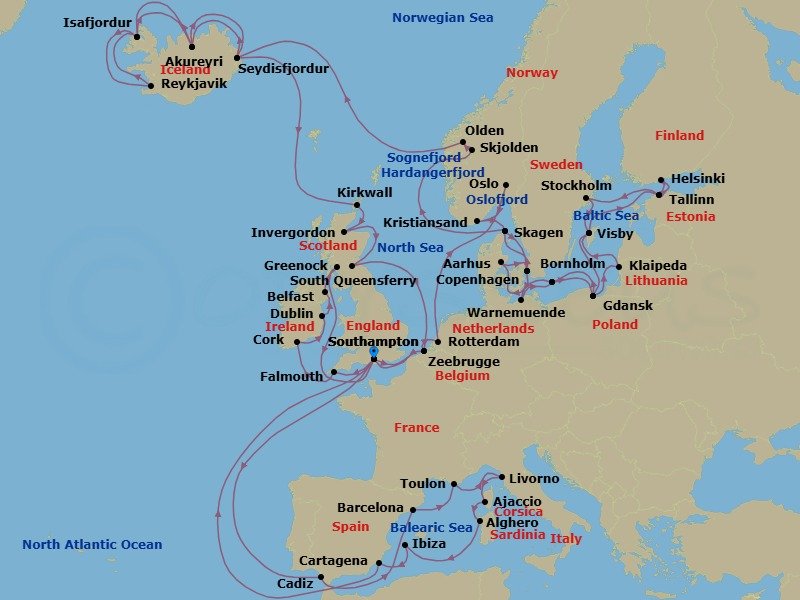 64 Night - Ultimate European Journey - Regal Princess - Starting in Southampton (for London), England, Seville (Cadiz), Spain, Barcelona, Spain, Toulon / Provence (La Seyne), France, Livorno (for Florence / Pisa), Italy, Corsica (Ajaccio), France, Sardinia (Alghero), Italy, Ibiza, Spain, Cartagena ES, Southampton (for London), England, Zeebrugge (for Brussels / Bruges), Belgium, Rotterdam, the Netherlands, Oslo, Norway, Oslofjord (Scenic Cruising), Kristiansand, Norway, Skagen, Denmark, Copenhagen, Denmark, Warnemunde (for Berlin), Germany, Bornholm, Denmark, Gdansk (Gdynia), Poland, Klaipeda, Lithuania, Visby, Sweden, Tallinn, Estonia, Helsinki, Finland, Tallinn, Estonia, Stockholm, Sweden, Visby, Sweden, Gdansk (Gdynia), Poland, Bornholm, Denmark, Aarhus, Denmark, Copenhagen, Denmark, Skagen, Denmark, Hardangerfjord (Scenic Cruising), Norway, Skjolden / Sognefjord, Norway, Sognefjord (Scenic Cruising), Olden, Norway, Nordfjord (Scenic Cruising), Norway, Seydisfjordur, Iceland, Akureyri, Iceland, Isafjordur, Iceland, Reykjavik, Iceland, Isafjordur, Iceland, Akureyri, Iceland, Seydisfjordur, Iceland, Orkney Islands (Kirkwall), Scotland, Invergordon, Scotland, Edinburgh (South Queensferry), Scotland, Zeebrugge (for Brussels / Bruges), Belgium, Southampton (for London), England, Cornwall (Falmouth), England, Cork, Ireland (Cobh / for Blarney Castle), Dublin (Dun Laoghaire), Ireland, Belfast, Northern Ireland, Glasgow (Greenock), Scotland, Southampton (for London), England itinerary map