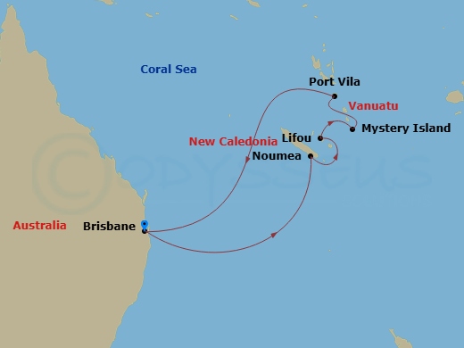 10 Night - Vanuatu & New Caledonia - Carnival Encounter - Starting in Brisbane, Australia, Noumea, New Caledonia, Lifou, New Caledonia, Mystery Island, Vanuatu, Vila, Vanuatu, Brisbane, Australia itinerary map