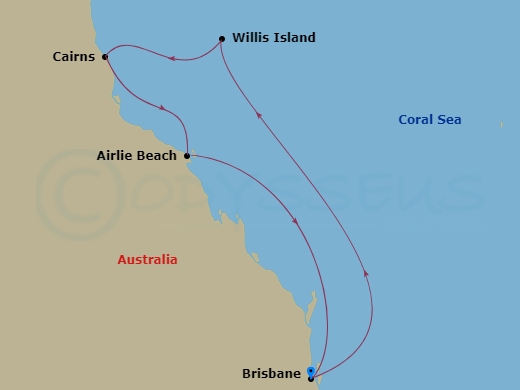 6 Night - Great Barrier Reef - Carnival Encounter - Starting in Brisbane, Australia, Willis Island, Cairns, Australia, Airlie Beach, Australia, Brisbane, Australia itinerary map