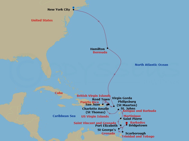 17 Night - Bermuda & Caribbean Combination Cruise : Sint Maarten, Antigua & Tobago - Azamara Quest - Starting in New York City, New York, Hamilton, Philipsburg, Road Town, Tortola, San Juan, Virgin Gorda, Charlotte Amalie, St Thomas, St Johns AG, Saint-Pierre, Port Elizabeth VC, Bequia, Saint Georges, Grenada, Scarborough, Tobago, Bridgetown itinerary map