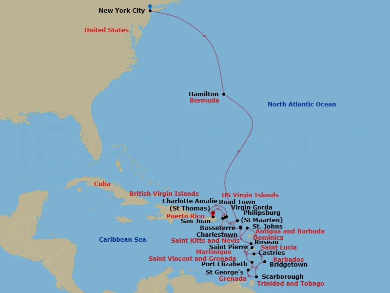 24 Night - Bermuda & Caribbean Combination Cruise : Tortola, Barbados & Saint Kitts - Azamara Quest - Starting in New York City, New York, Hamilton, Philipsburg, Road Town, Tortola, San Juan, Virgin Gorda, Charlotte Amalie, St Thomas, St Johns AG, Saint-Pierre, Port Elizabeth VC, Bequia, Saint Georges, Grenada, Scarborough, Tobago, Bridgetown, Castries, Roseau, Basseterre, St Kitts, Charlestown, Nevis, Philipsburg, Road Town, Tortola, San Juan itinerary map