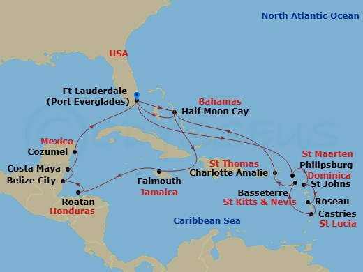 21 Night - Eastern & Western Caribbean : Leeward Islands & Mexico - Rotterdam - Starting in Fort Lauderdale, Florida, Philipsburg, Sint Maarten, St Johns AG, Antigua, Roseau, Dominica, Castries, Saint Lucia, Basseterre, St Kitts and Nevis, St Thomas, US Virgin Islands, RelaxAway, Half Moon Cay, Bahamas, Fort Lauderdale, Florida, RelaxAway, Half Moon Cay, Bahamas, Falmouth, Jamaica, Mahogany Bay, Roatan, Honduras, Belize City, Belize, Costa Maya, Mexico, Cozumel, Mexico, Fort Lauderdale, Florida itinerary map