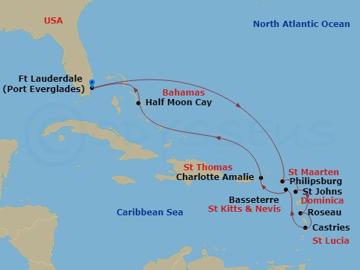 11 Night - Eastern Caribbean : Windward & Leeward Islands - Rotterdam - Starting in Fort Lauderdale, Florida, Philipsburg, Sint Maarten, St Johns AG, Antigua, Roseau, Dominica, Castries, Saint Lucia, Basseterre, St Kitts and Nevis, St Thomas, US Virgin Islands, RelaxAway, Half Moon Cay, Bahamas, Fort Lauderdale, Florida itinerary map